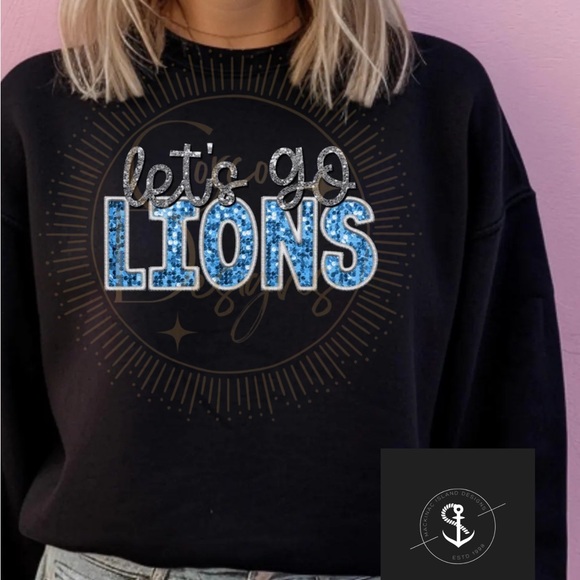 Black 'Let's Go Lions' Sweatshirt Sequin Unisex Fit XL - Picture 1 of 3